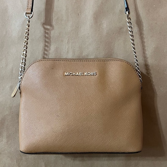 Michael Kors | Cindy Large Dome Saffiano Leather Crossbody Bag Purse in Peanut - Picture 3 of 16
